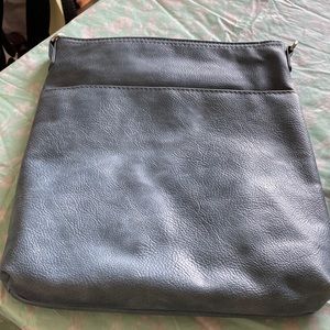 Sky, blue foam, leather purse with adjustable strap